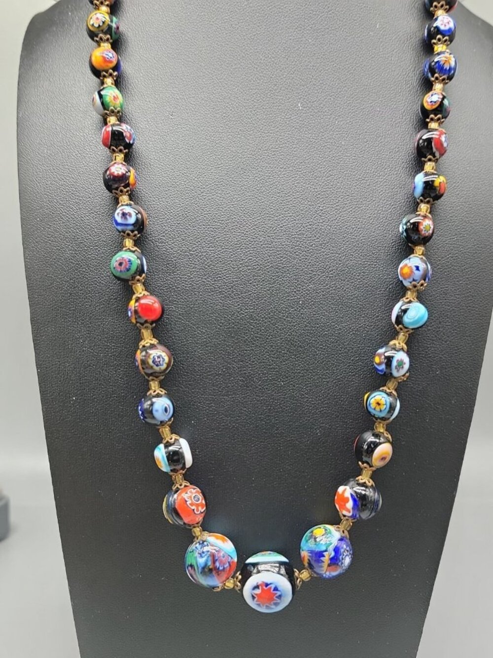 Antique Venetian Millefiori Murano Glass Bead Necklace 23" Graduated Black 16mm - Picture 4 of 16